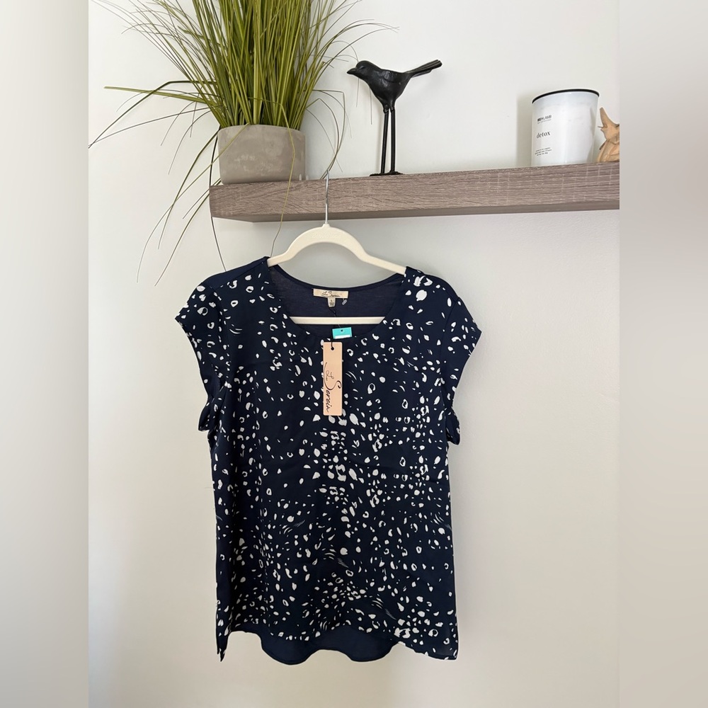 Petite Navy and White Printed Cap-Sleeve Top